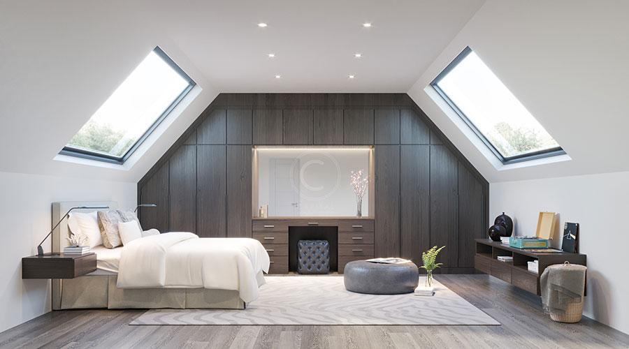 Loft conversion bedroom with natural light, two windows with strong light source. Neutral colours fill the room, as well as the wooden wall in the background adding warmth and homeliness.